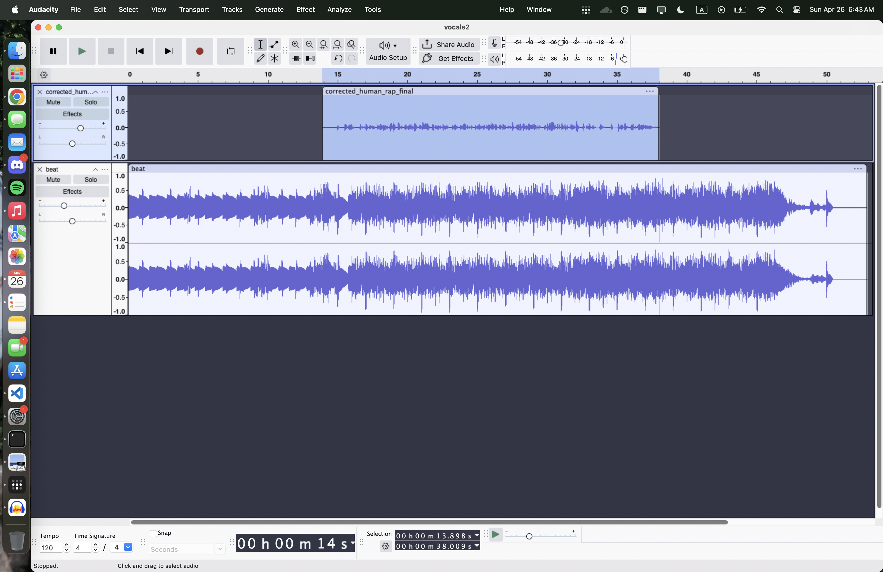 Audacity session showing corrected vocal clips and label tracks